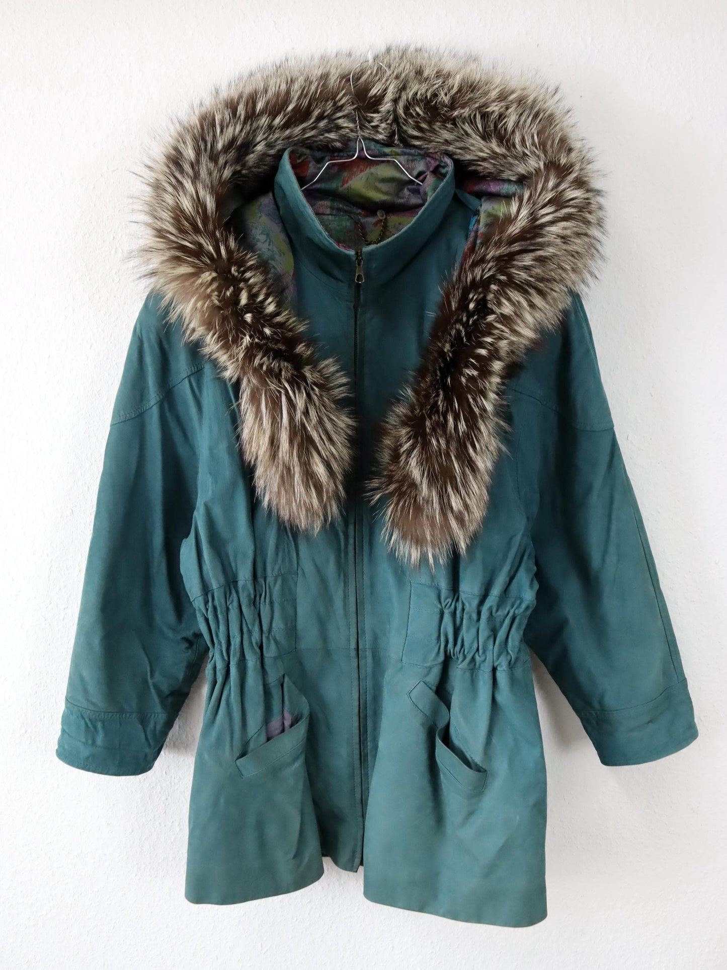 Vintage 80er 90er ALTA MODA Ledermantel Lederjacke Kapuze Pelzkragen türkis 42