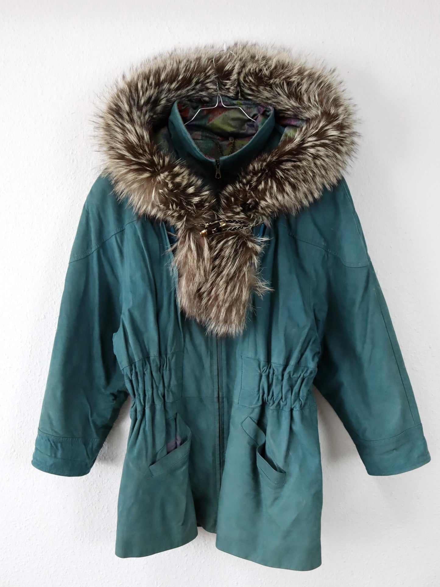 Vintage 80er 90er ALTA MODA Ledermantel Lederjacke Kapuze Pelzkragen türkis 42