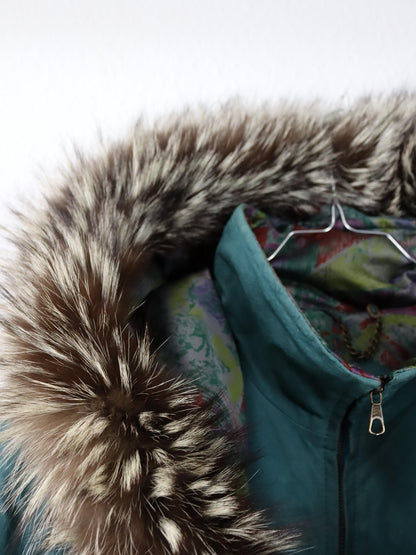 Vintage 80er 90er ALTA MODA Ledermantel Lederjacke Kapuze Pelzkragen türkis 42