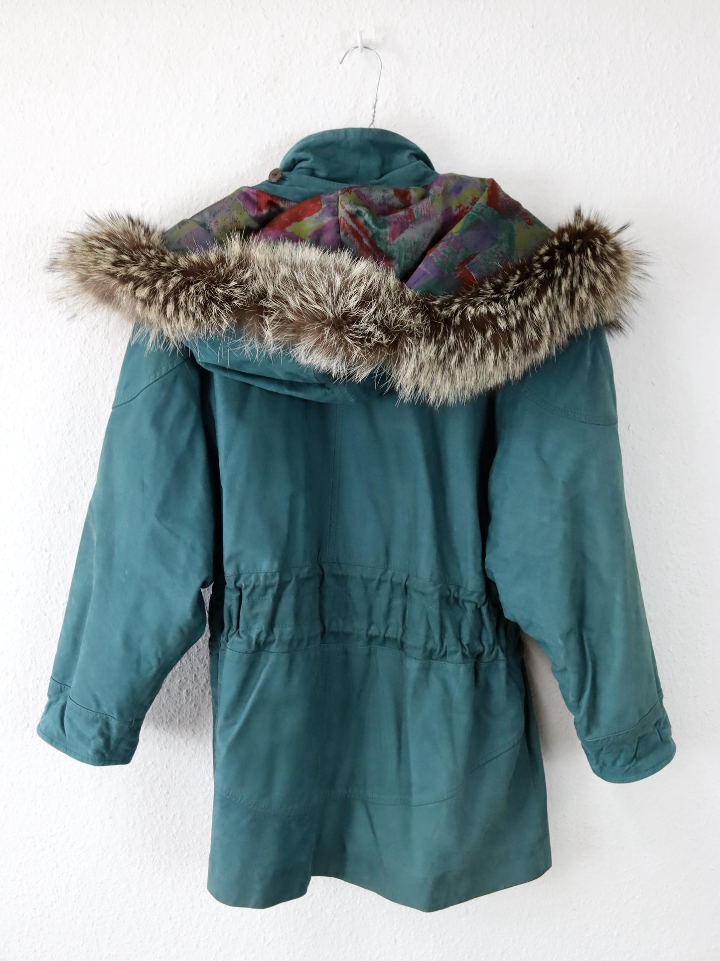 Vintage 80er 90er ALTA MODA Ledermantel Lederjacke Kapuze Pelzkragen türkis 42