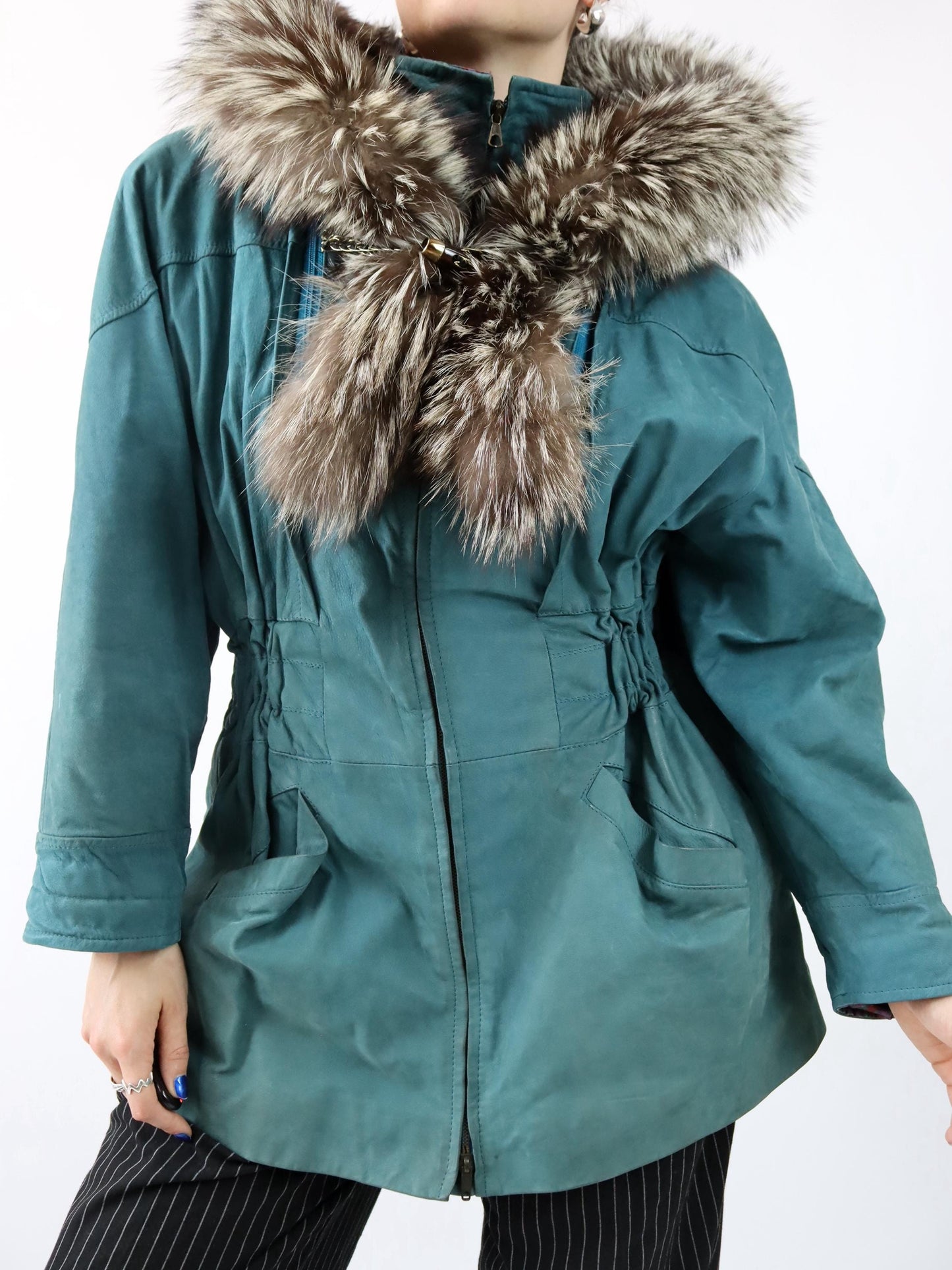 Vintage 80er 90er ALTA MODA Ledermantel Lederjacke Kapuze Pelzkragen türkis 42