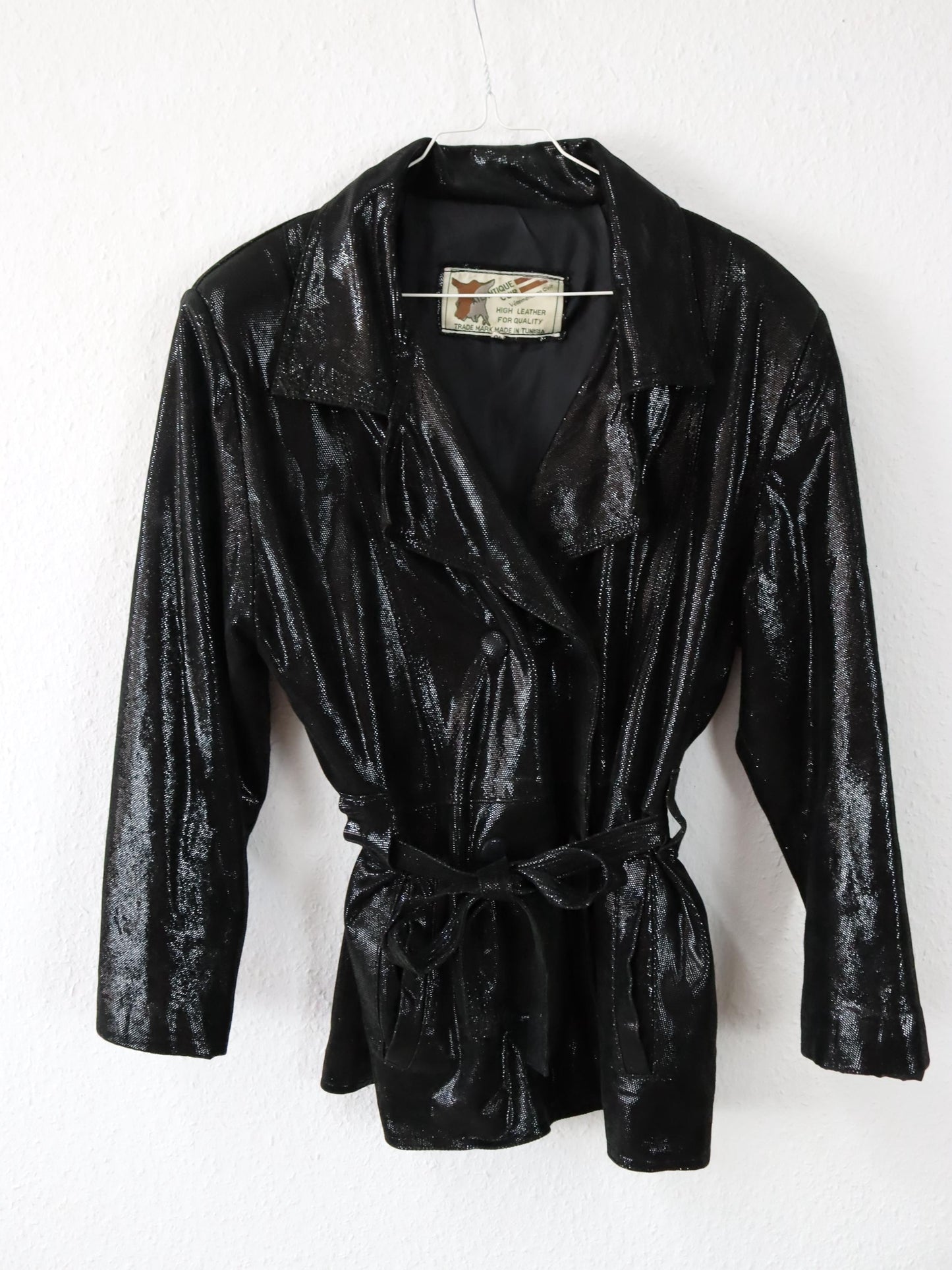 Vintage 80er 90er ATLANTIQUE CUIR Lederjacke Glitzer schwarz Doppelknopfreihe Schulterpolster 40