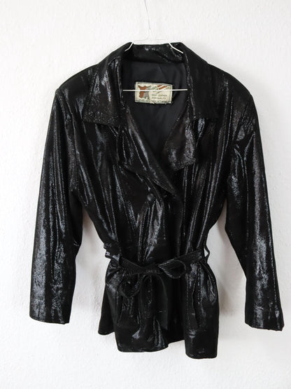 Vintage 80er 90er ATLANTIQUE CUIR Lederjacke Glitzer schwarz Doppelknopfreihe Schulterpolster 40