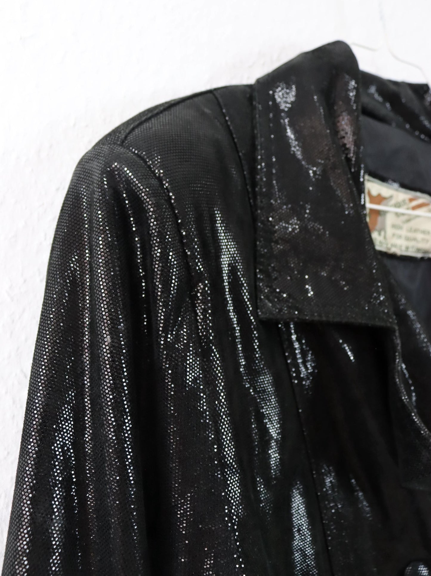 Vintage 80er 90er ATLANTIQUE CUIR Lederjacke Glitzer schwarz Doppelknopfreihe Schulterpolster 40