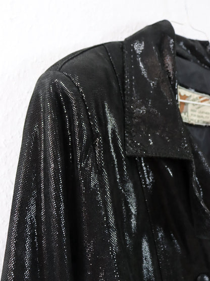 Vintage 80er 90er ATLANTIQUE CUIR Lederjacke Glitzer schwarz Doppelknopfreihe Schulterpolster 40