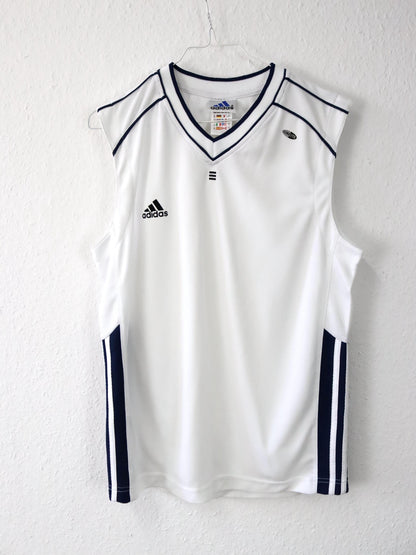 Vintage 80s 90s ADIDAS Tank Top Sleeveless White Dark Blue D40