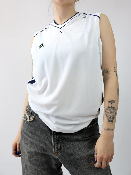 Vintage 80er 90er ADIDAS Tanktop Achselshirt ärmellos weiß dunkelblau D40