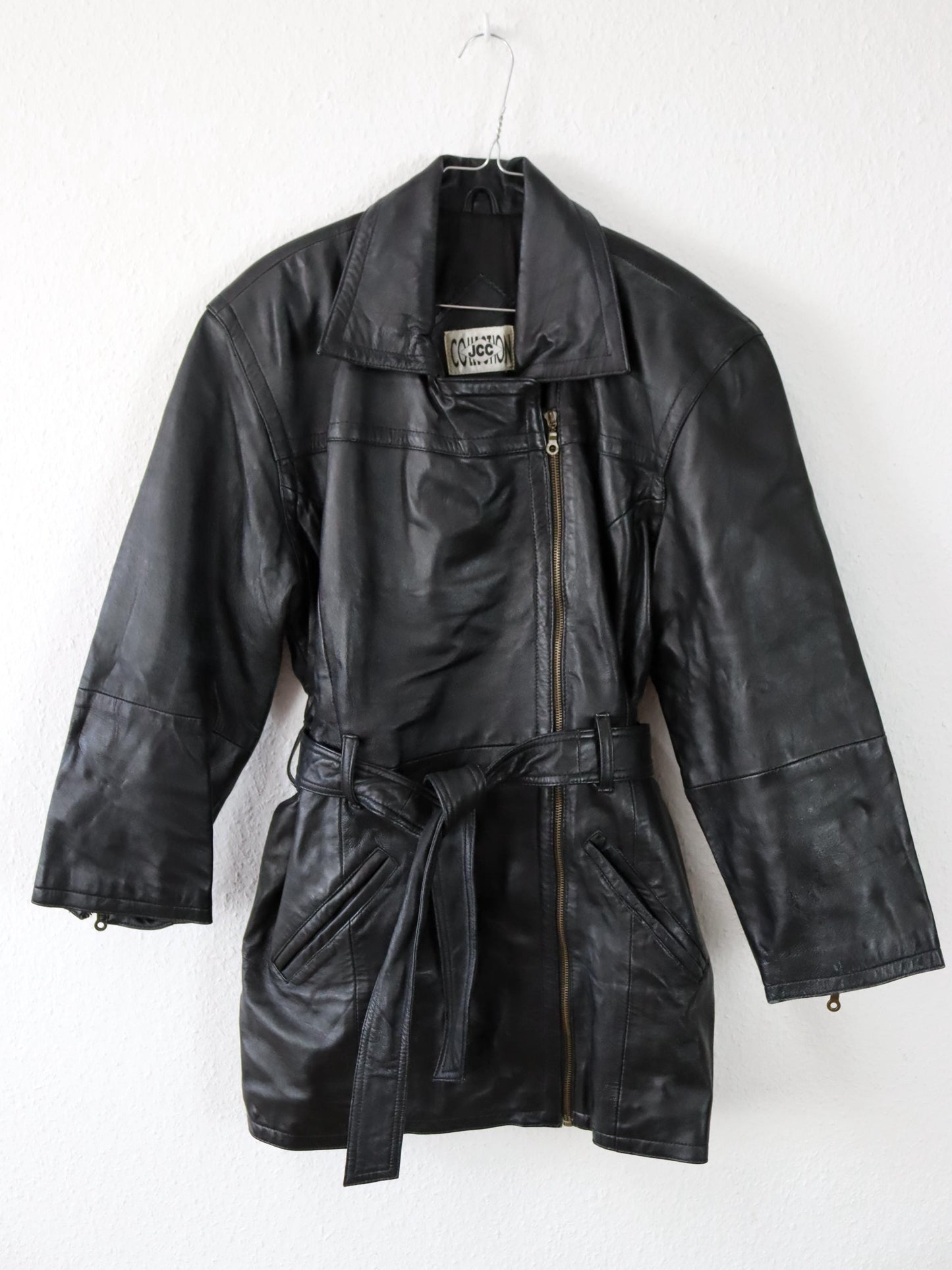 Vintage 80s 90s JCC COLLECTION Leather Jacket Leather Coat Belt Biker Jacket Black 38