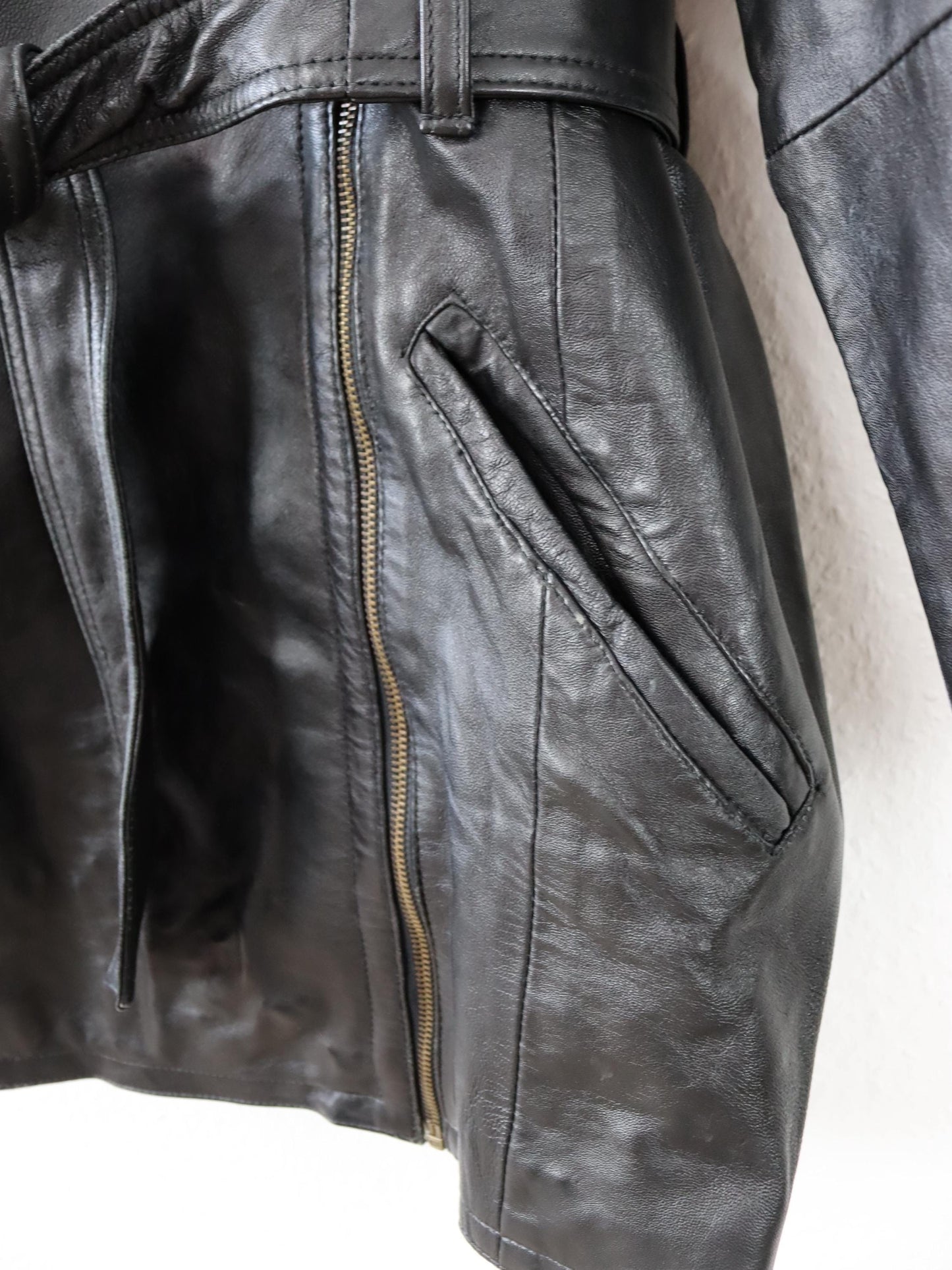 Vintage 80s 90s JCC COLLECTION Leather Jacket Leather Coat Belt Biker Jacket Black 38