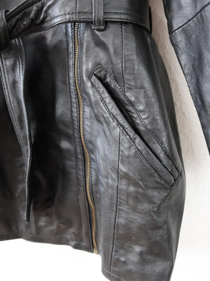 Vintage 80s 90s JCC COLLECTION Leather Jacket Leather Coat Belt Biker Jacket Black 38
