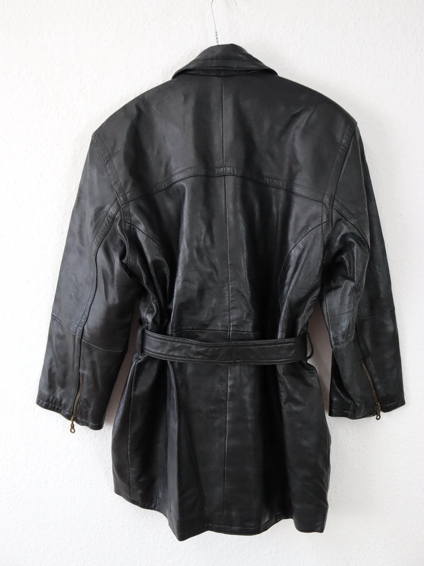 Vintage 80s 90s JCC COLLECTION Leather Jacket Leather Coat Belt Biker Jacket Black 38