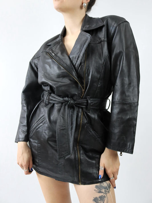 Vintage 80er 90er JCC COLLECTION Lederjacke Ledermantel Gürtel Bikerjacke schwarz 38