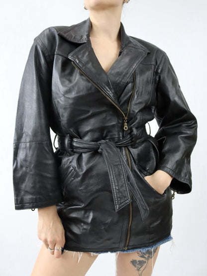 Vintage 80s 90s JCC COLLECTION Leather Jacket Leather Coat Belt Biker Jacket Black 38