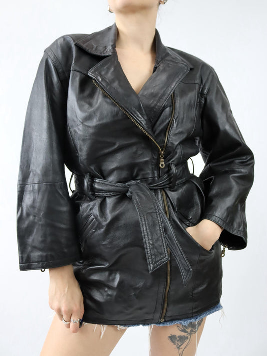 Vintage 80er 90er JCC COLLECTION Lederjacke Ledermantel Gürtel Bikerjacke schwarz 38