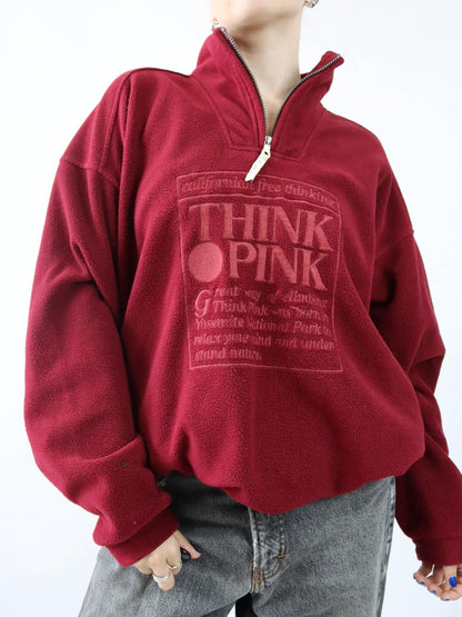 Vintage 80er 90er THINK PINK Fleecepullover Stehkragen bordeaux Stickerei XXL