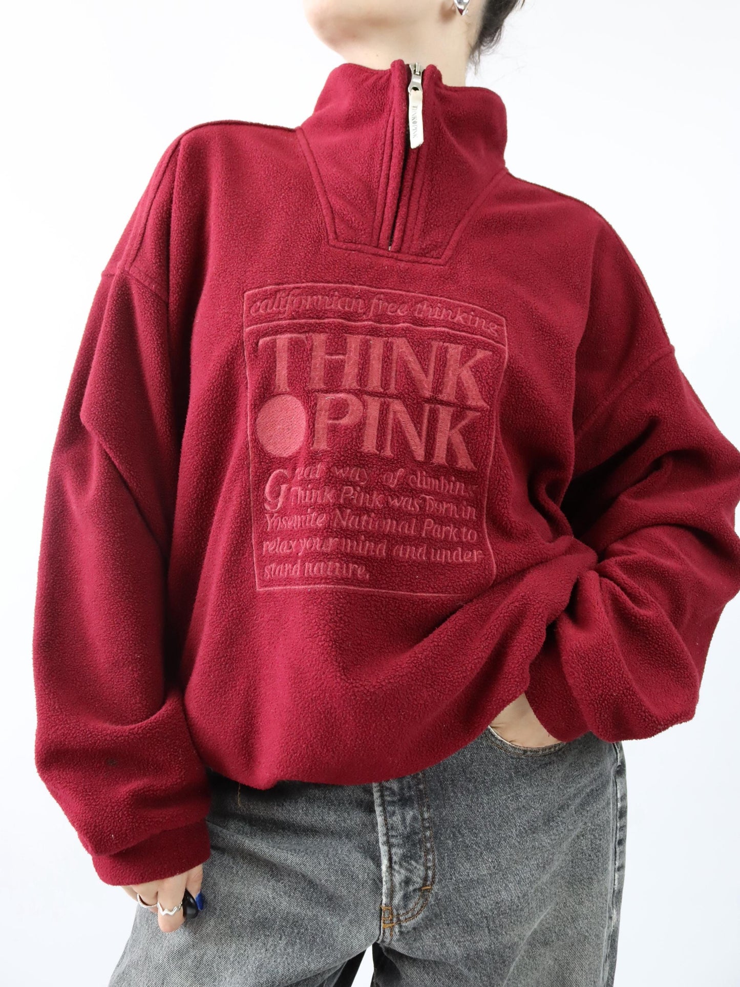 Vintage 80er 90er THINK PINK Fleecepullover Stehkragen bordeaux Stickerei XXL
