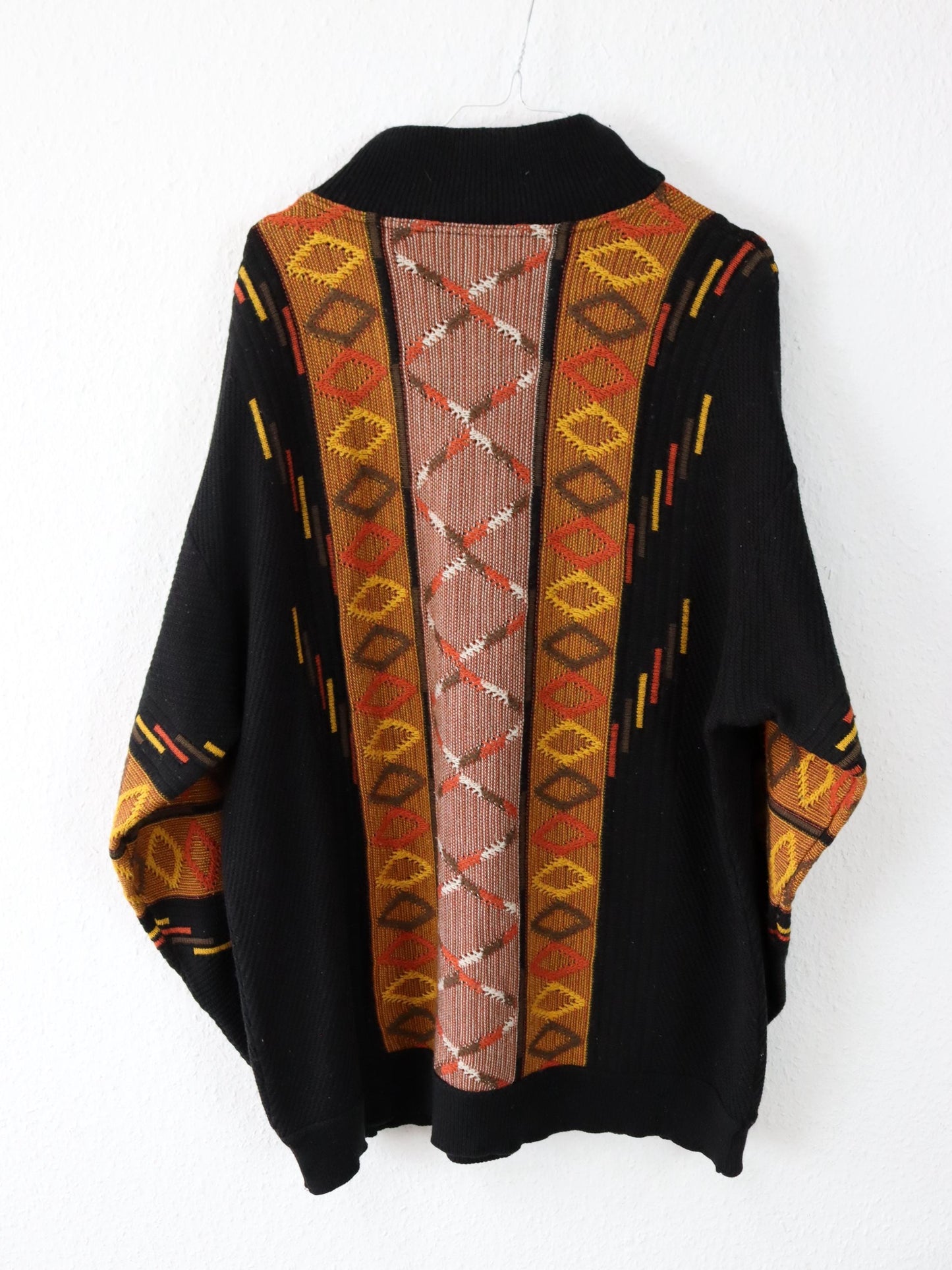 Vintage 90s 00s Wool Sweater Pullover Wool patterned Stand-up Collar black orange XXL