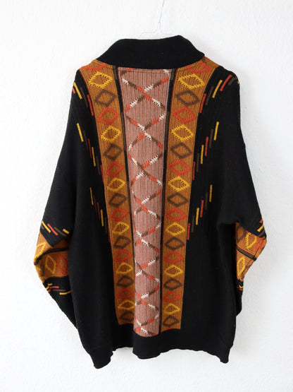 Vintage 90s 00s Wool Sweater Pullover Wool patterned Stand-up Collar black orange XXL