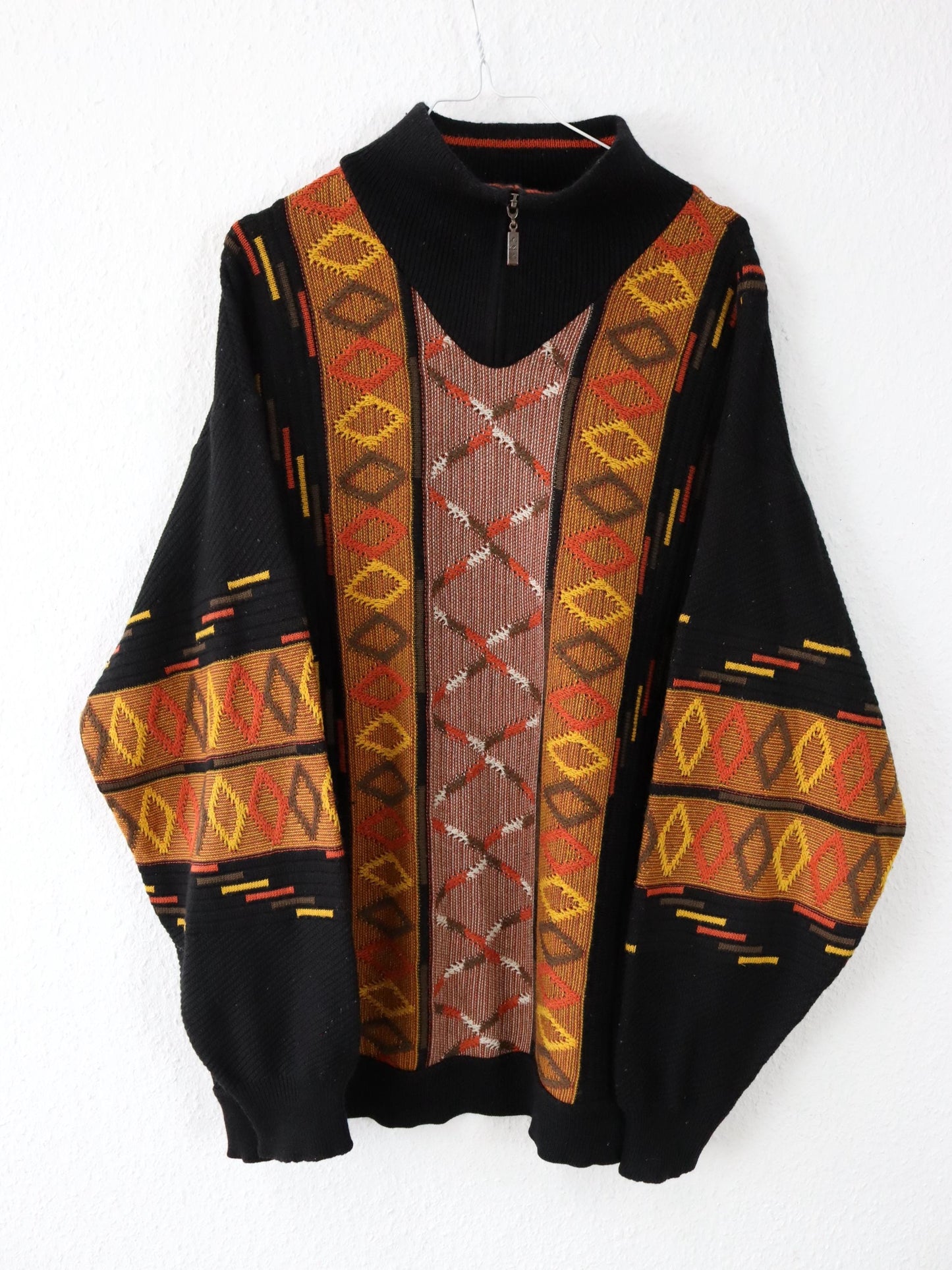 Vintage 90s 00s Wool Sweater Pullover Wool patterned Stand-up Collar black orange XXL