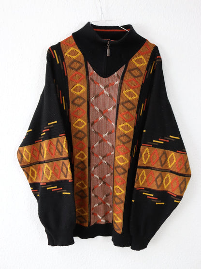 Vintage 90s 00s Wool Sweater Pullover Wool patterned Stand-up Collar black orange XXL