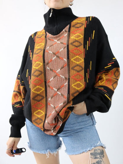 Vintage 90s 00s Wool Sweater Pullover Wool patterned Stand-up Collar black orange XXL