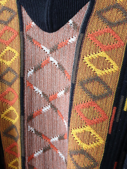 Vintage 90s 00s Wool Sweater Pullover Wool patterned Stand-up Collar black orange XXL