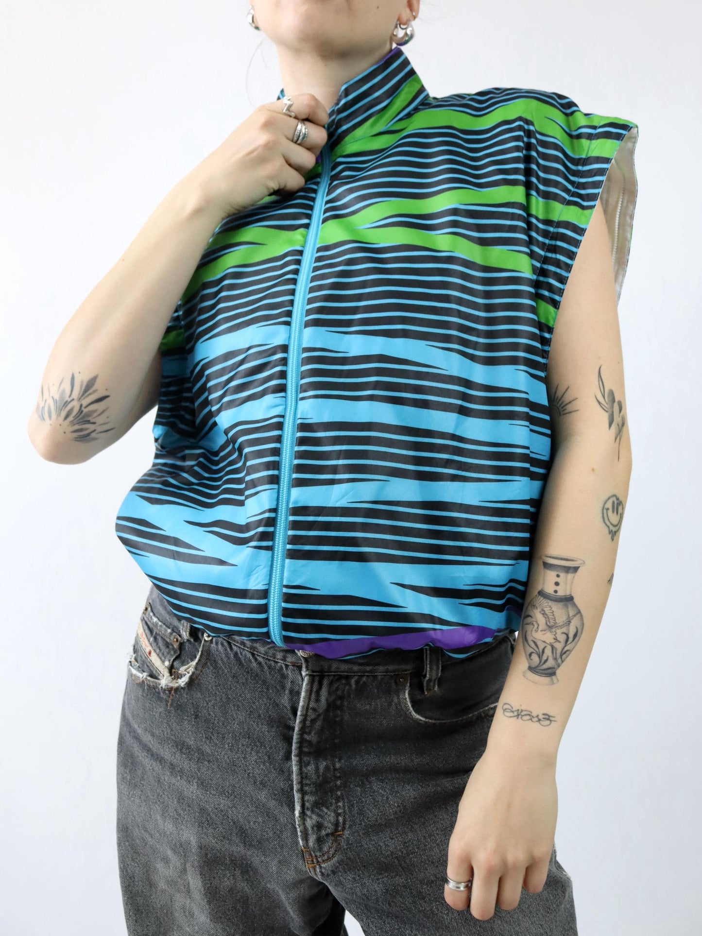 Vintage 80s 90s AUSTRALIAN Track Jacket Vest crazy pattern blue green purple 50 M/L