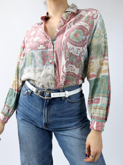 Vintage 80er 90er Bluse langarm crazy pattern Spitzkragen Made in Germany Viskose 38