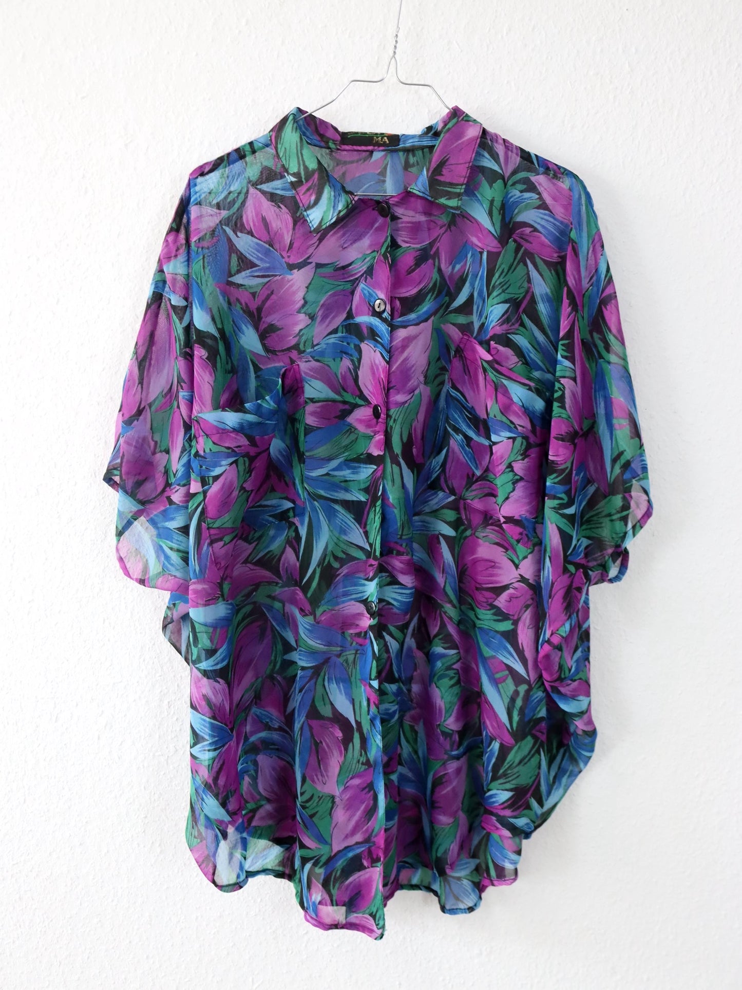 Vintage 80er 90er CAMA Bluse kurzarm leicht transparent Blumenmuster Fledermausärmel M-L