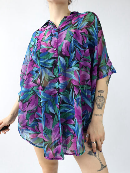 Vintage 80er 90er CAMA Bluse kurzarm leicht transparent Blumenmuster Fledermausärmel M-L