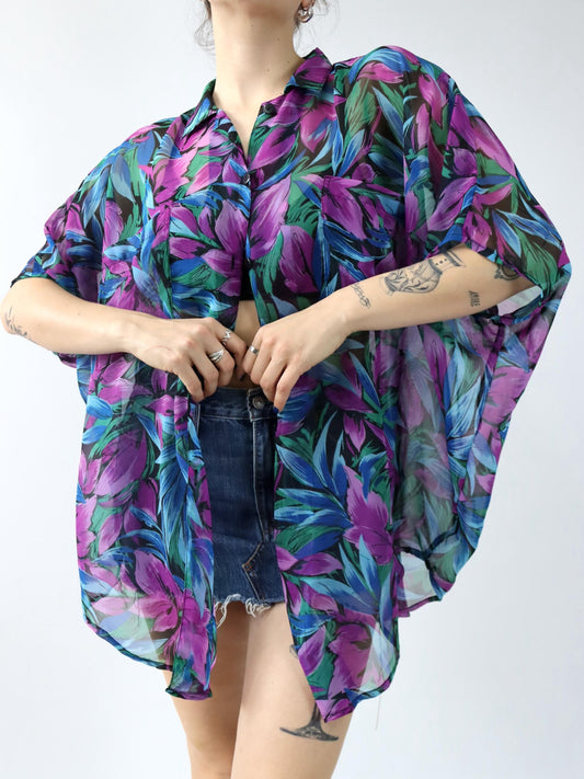 Vintage 80er 90er CAMA Bluse kurzarm leicht transparent Blumenmuster Fledermausärmel M-L