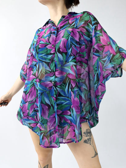 Vintage 80er 90er CAMA Bluse kurzarm leicht transparent Blumenmuster Fledermausärmel M-L