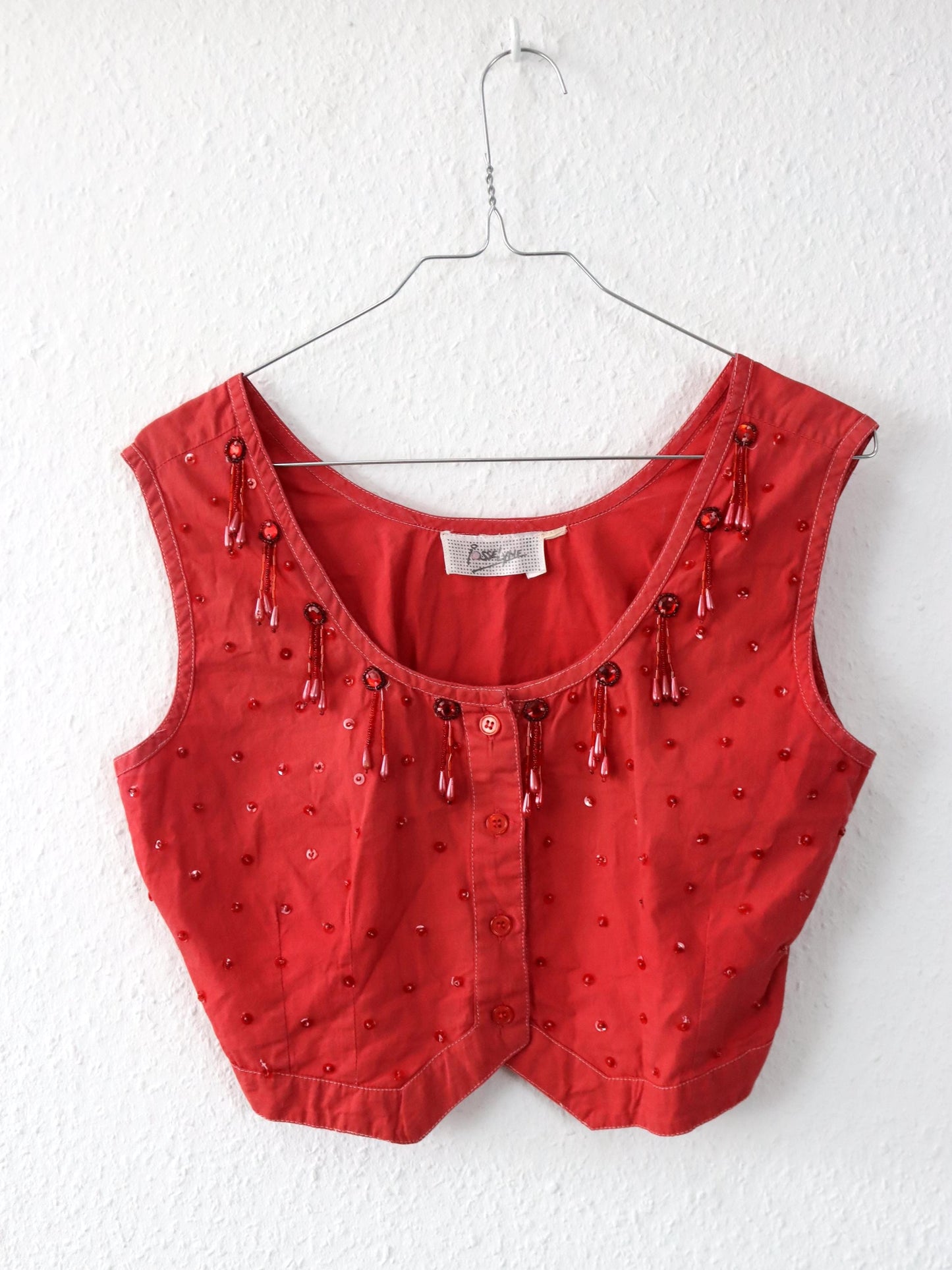 Vintage 80er 90er IOSSELYNE Bluse ärmellos Pailletten rot Knopfleiste S