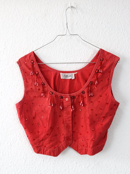 Vintage 80er 90er IOSSELYNE Bluse ärmellos Pailletten rot Knopfleiste S