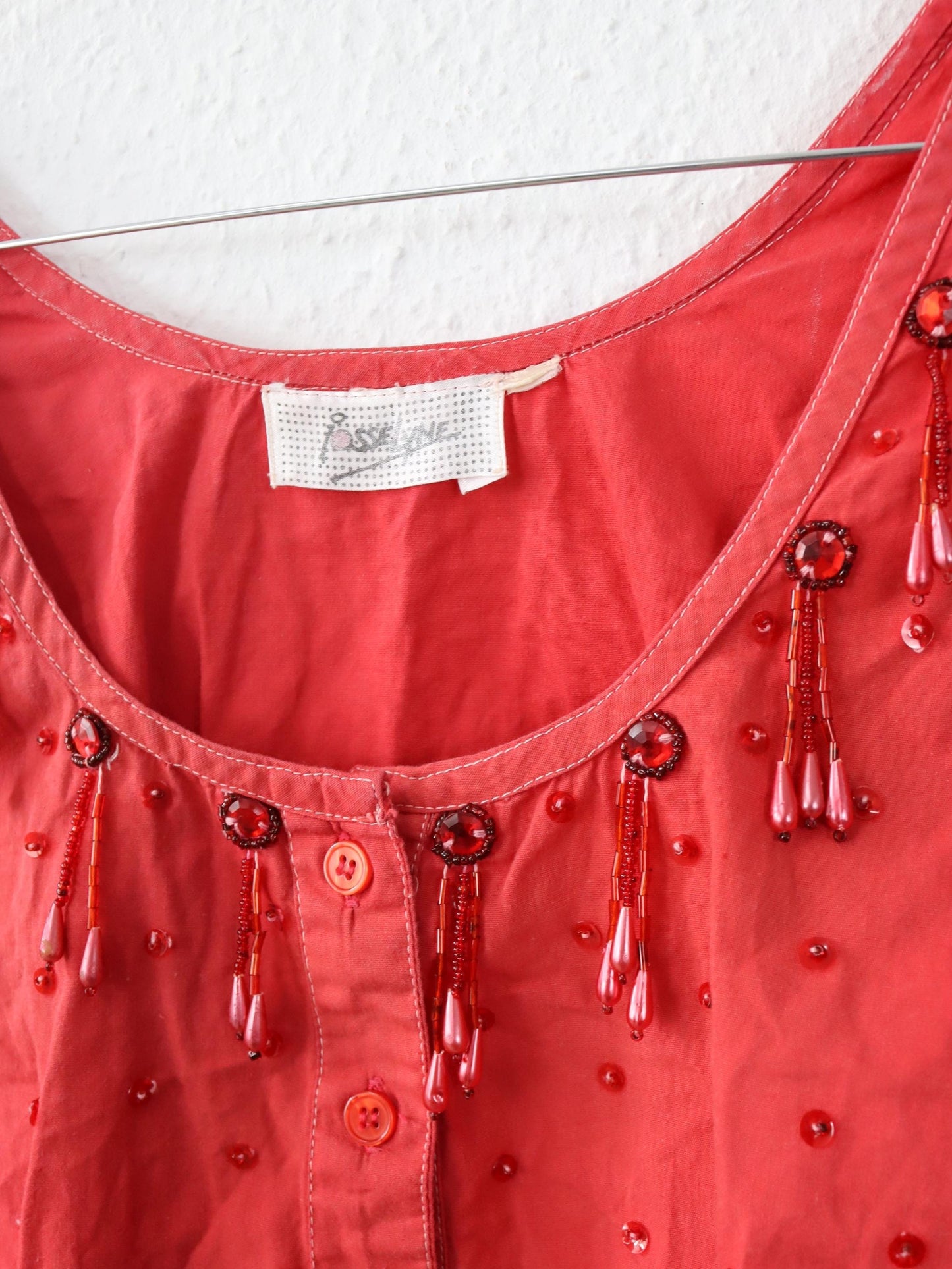 Vintage 80er 90er IOSSELYNE Bluse ärmellos Pailletten rot Knopfleiste S