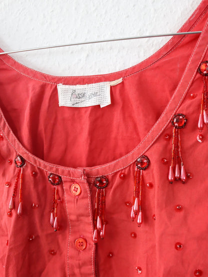 Vintage 80er 90er IOSSELYNE Bluse ärmellos Pailletten rot Knopfleiste S
