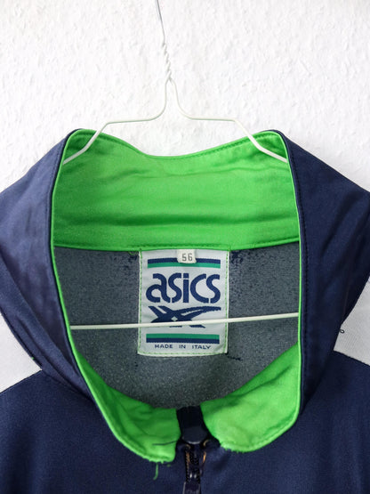 Vintage 80er 90er ASICS Trainingsjacke dünn glänzend Stehkragen dunkelblau 56 XXL