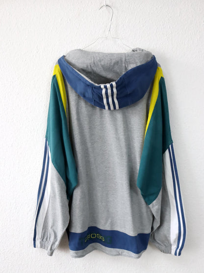 Vintage 80er 90er ADIDAS Cross Trainings Hoodie Pullover grau blau grün gelb D7 L