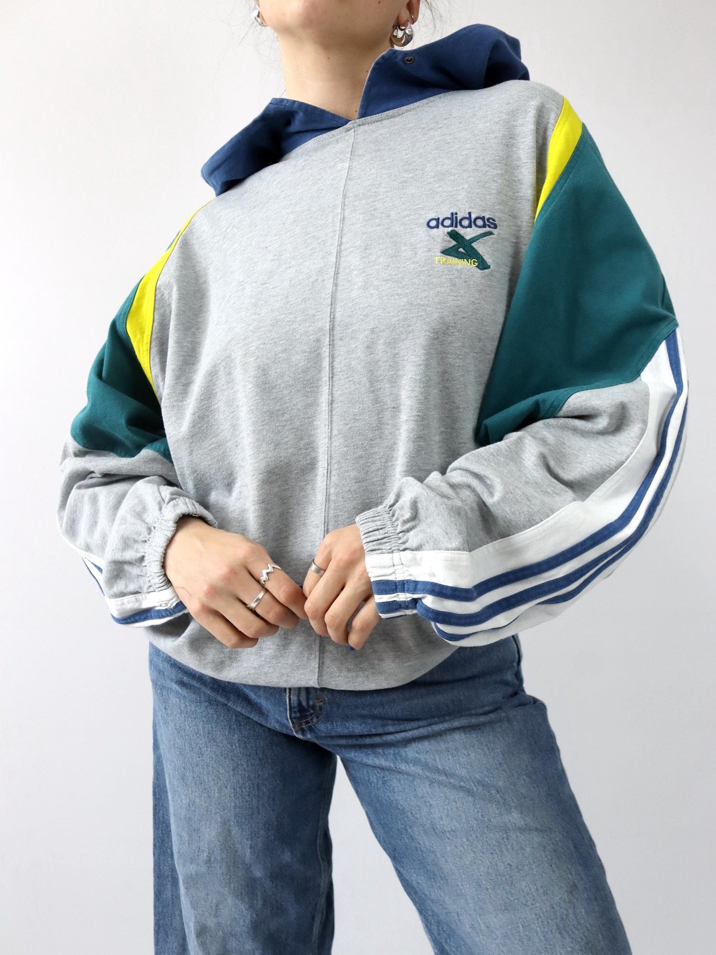 Vintage 80er 90er ADIDAS Cross Trainings Hoodie Pullover grau blau grün gelb D7 L