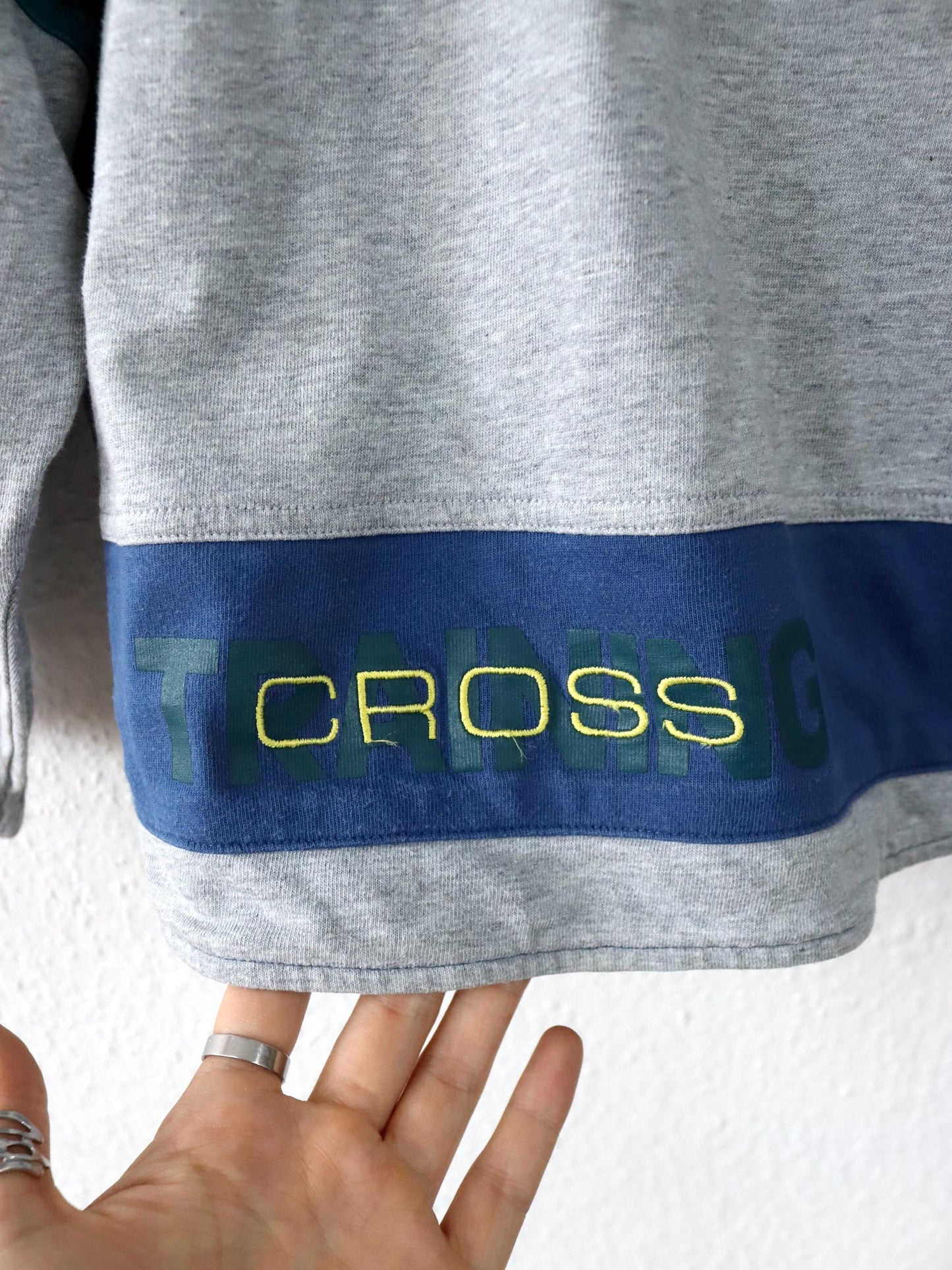 Vintage 80er 90er ADIDAS Cross Trainings Hoodie Pullover grau blau grün gelb D7 L