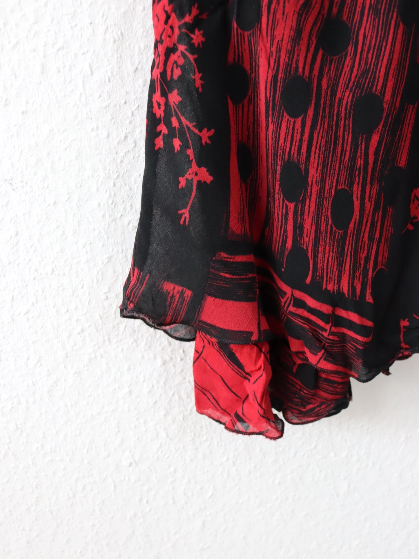 Vintage 90er 00er Y2k AMELY Midikleid Maxikleid Mesh Chiffon crazy pattern rot schwarz 38/40