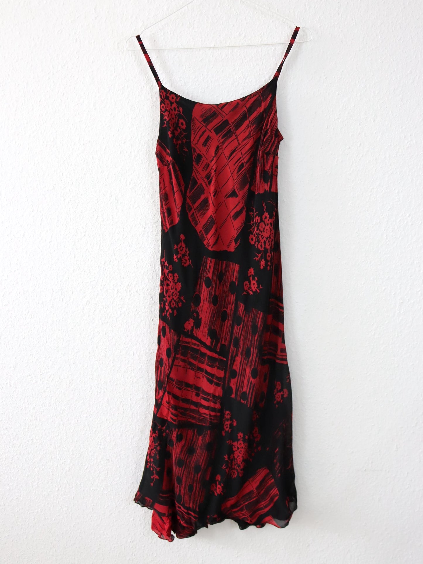 Vintage 90er 00er Y2k AMELY Midikleid Maxikleid Mesh Chiffon crazy pattern rot schwarz 38/40