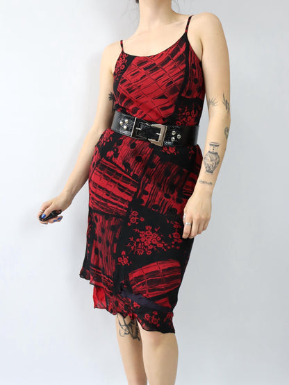 Vintage 90er 00er Y2k AMELY Midikleid Maxikleid Mesh Chiffon crazy pattern rot schwarz 38/40