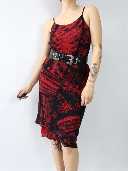 Vintage 90er 00er Y2k AMELY Midikleid Maxikleid Mesh Chiffon crazy pattern rot schwarz 38/40