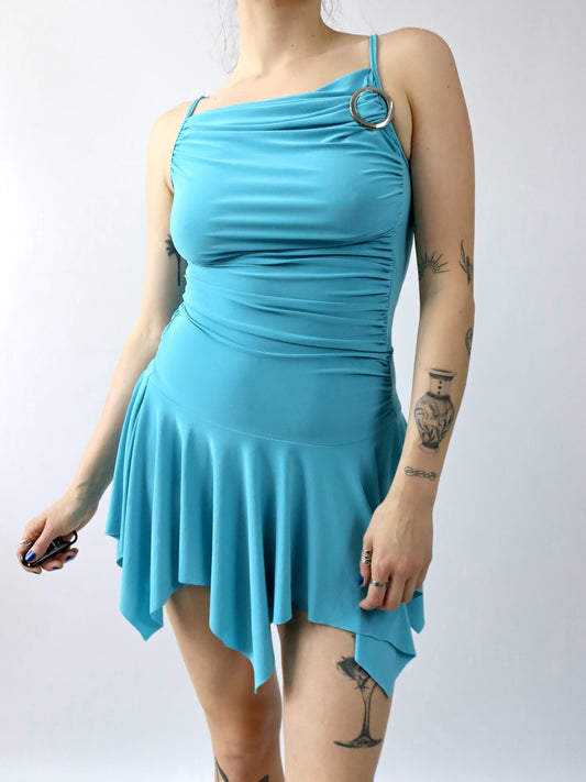 Vintage 00er Y2k KAIDAL PARIS Minikleid Raffung blau Coquette Fairycore Asymmetrisch M