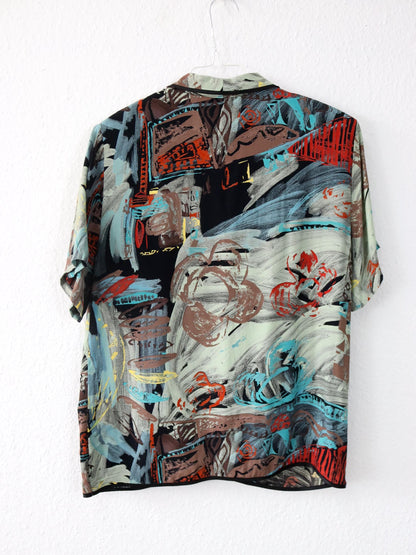 Vintage 80er 90er Bluse kurzarm crazy pattern Schulterpolster bunt L