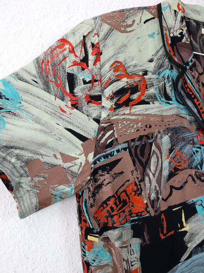 Vintage 80er 90er Bluse kurzarm crazy pattern Schulterpolster bunt L