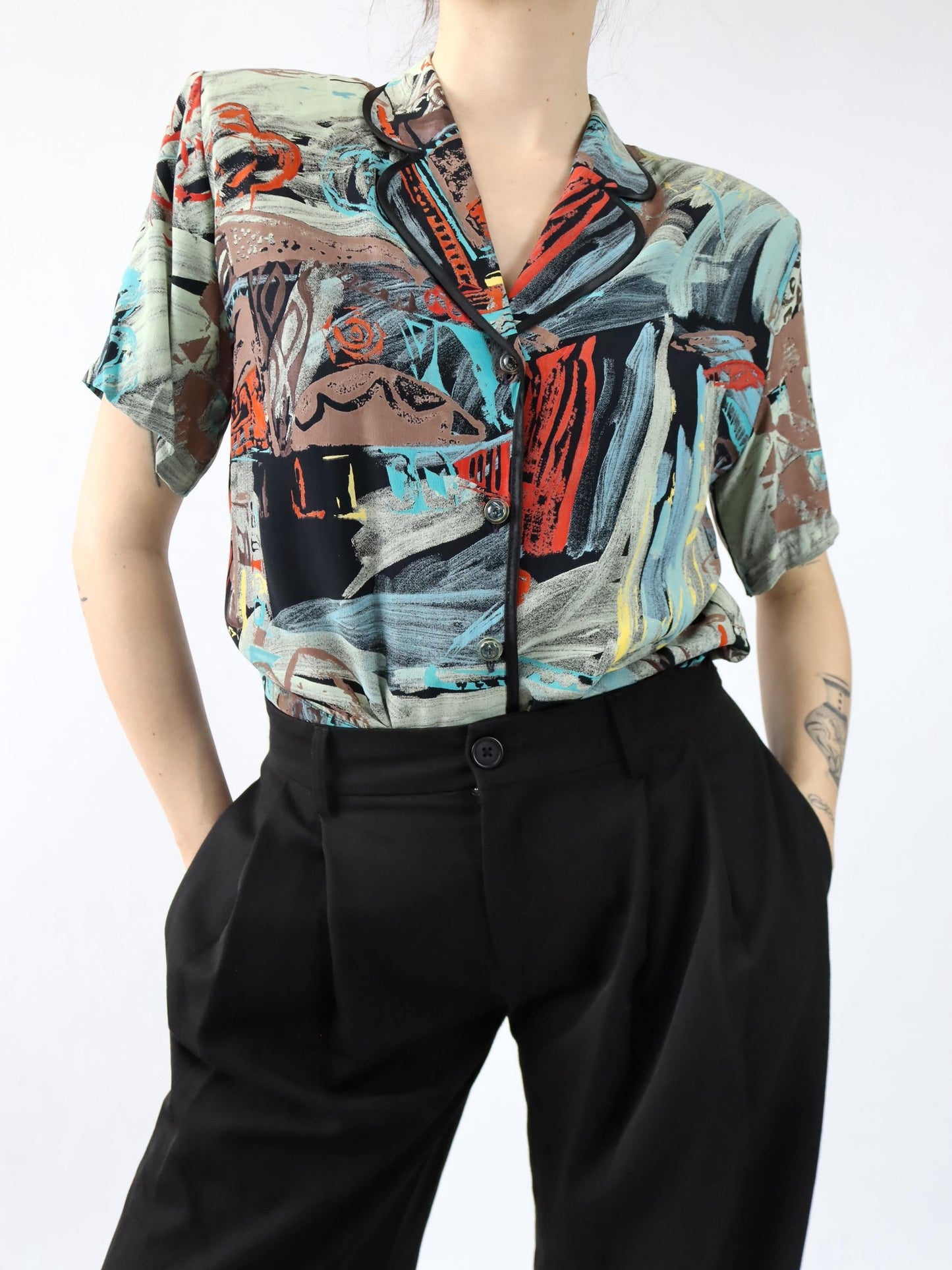 Vintage 80er 90er Bluse kurzarm crazy pattern Schulterpolster bunt L
