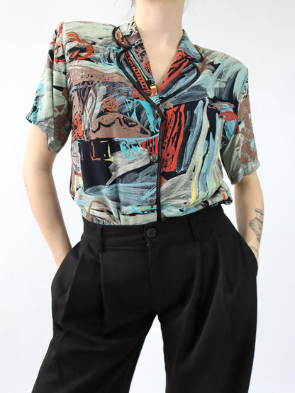 Vintage 80er 90er Bluse kurzarm crazy pattern Schulterpolster bunt L