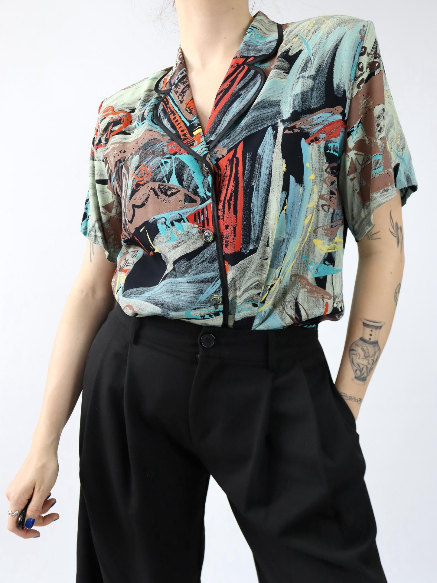 Vintage 80er 90er Bluse kurzarm crazy pattern Schulterpolster bunt L